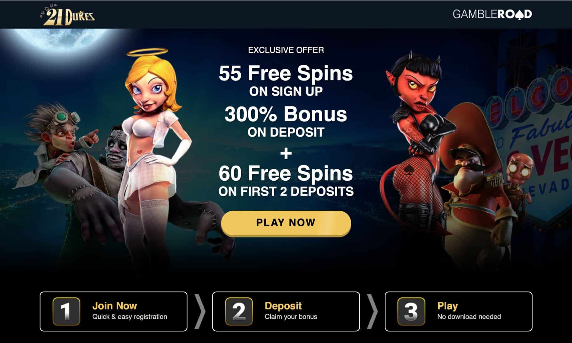 21 Dukes Casino : get 55 free spins + 300% deposit bonus