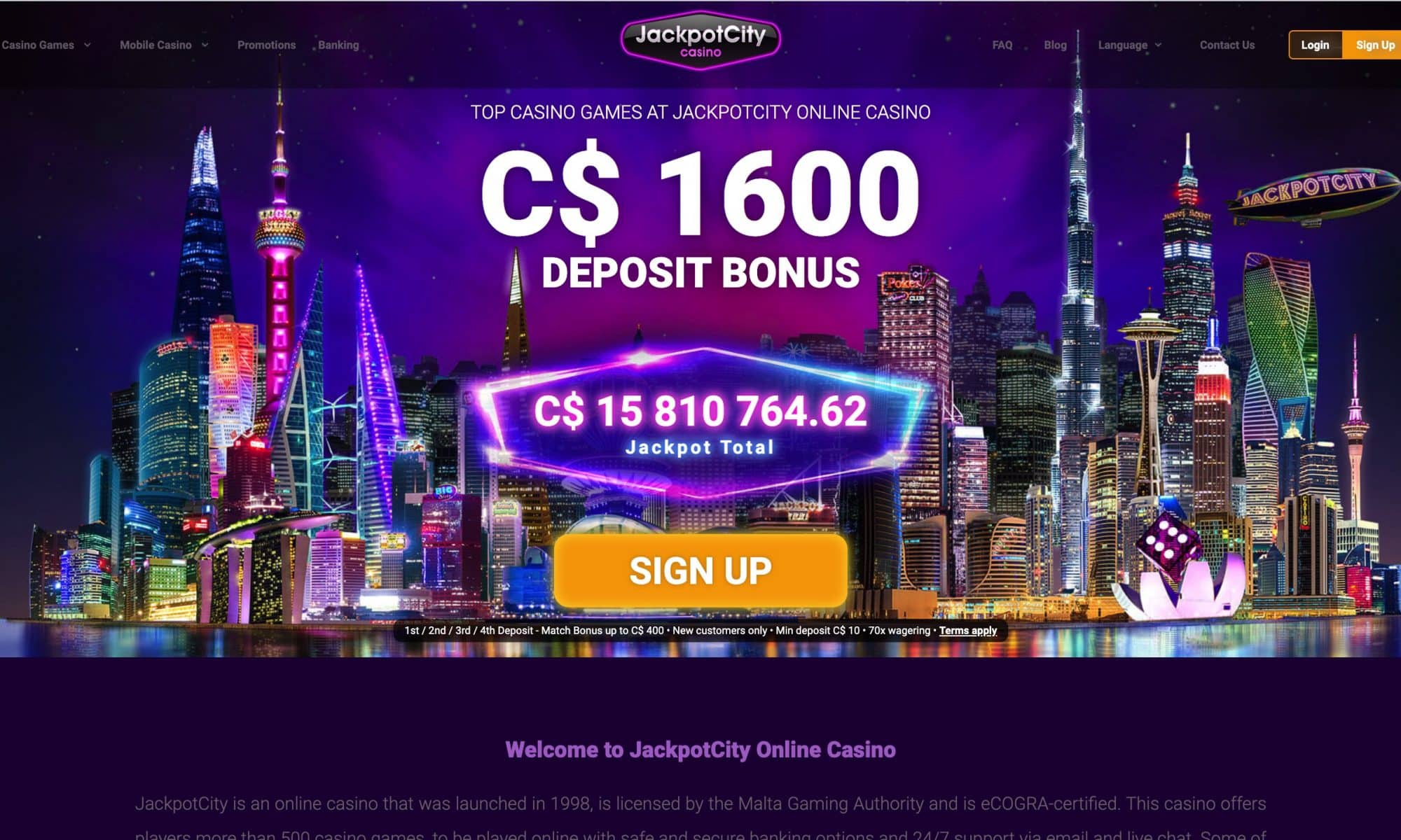 Jackpot City Casino - get $1,600 deposit match bonus