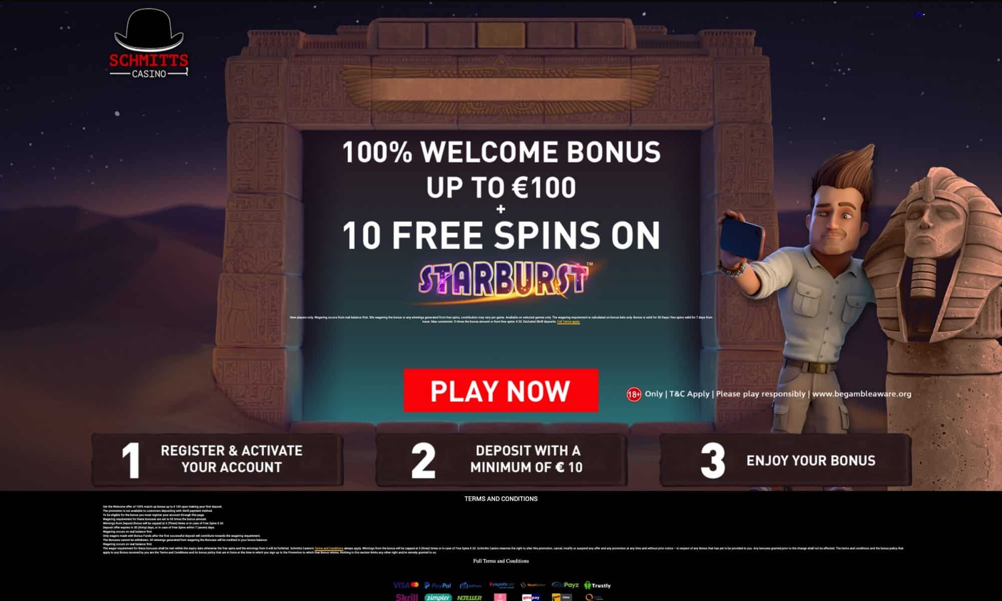 Schmitts Casino - Get 100% match bonus plus 10 free spins