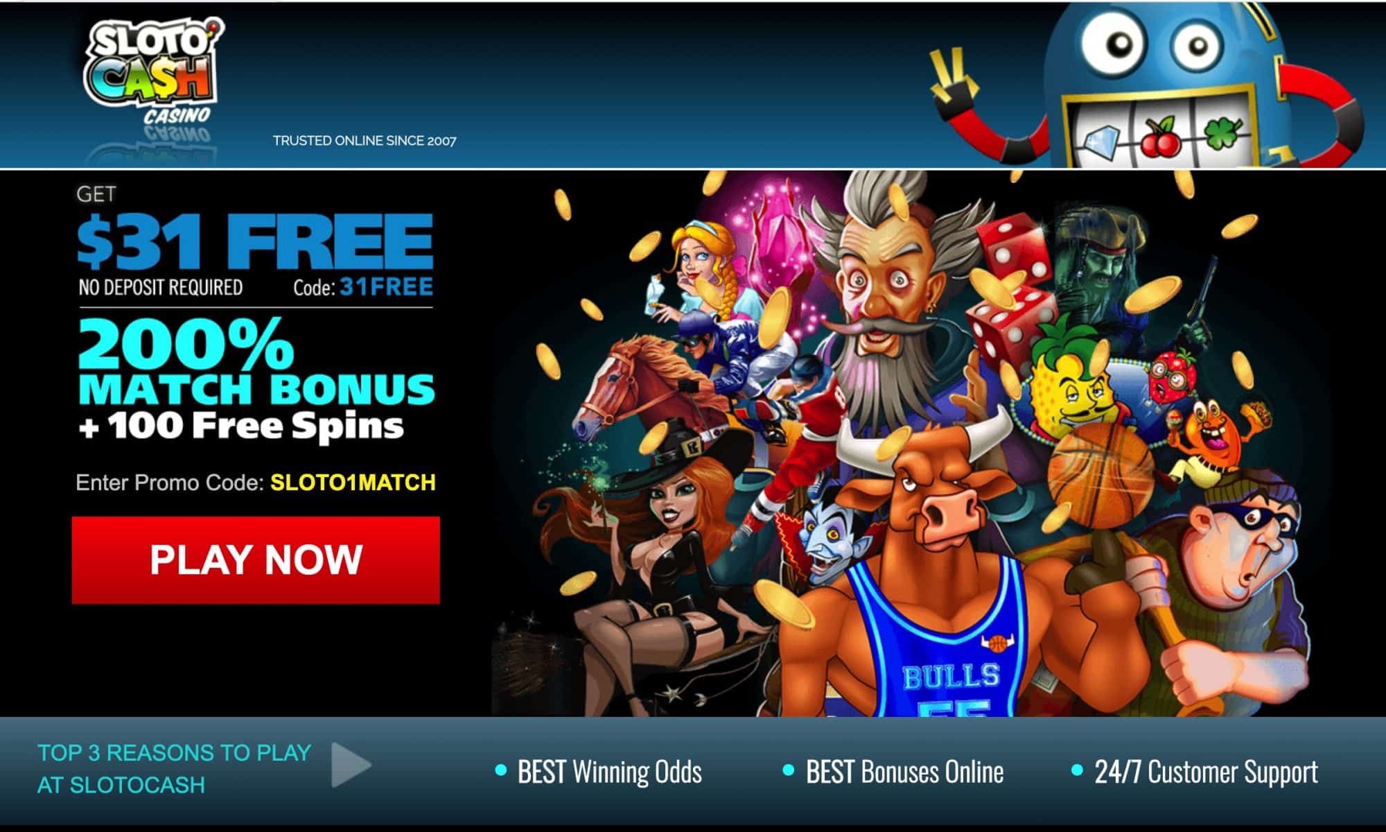 SlotoCash Casino - $31 free + 200 % bonus + spins