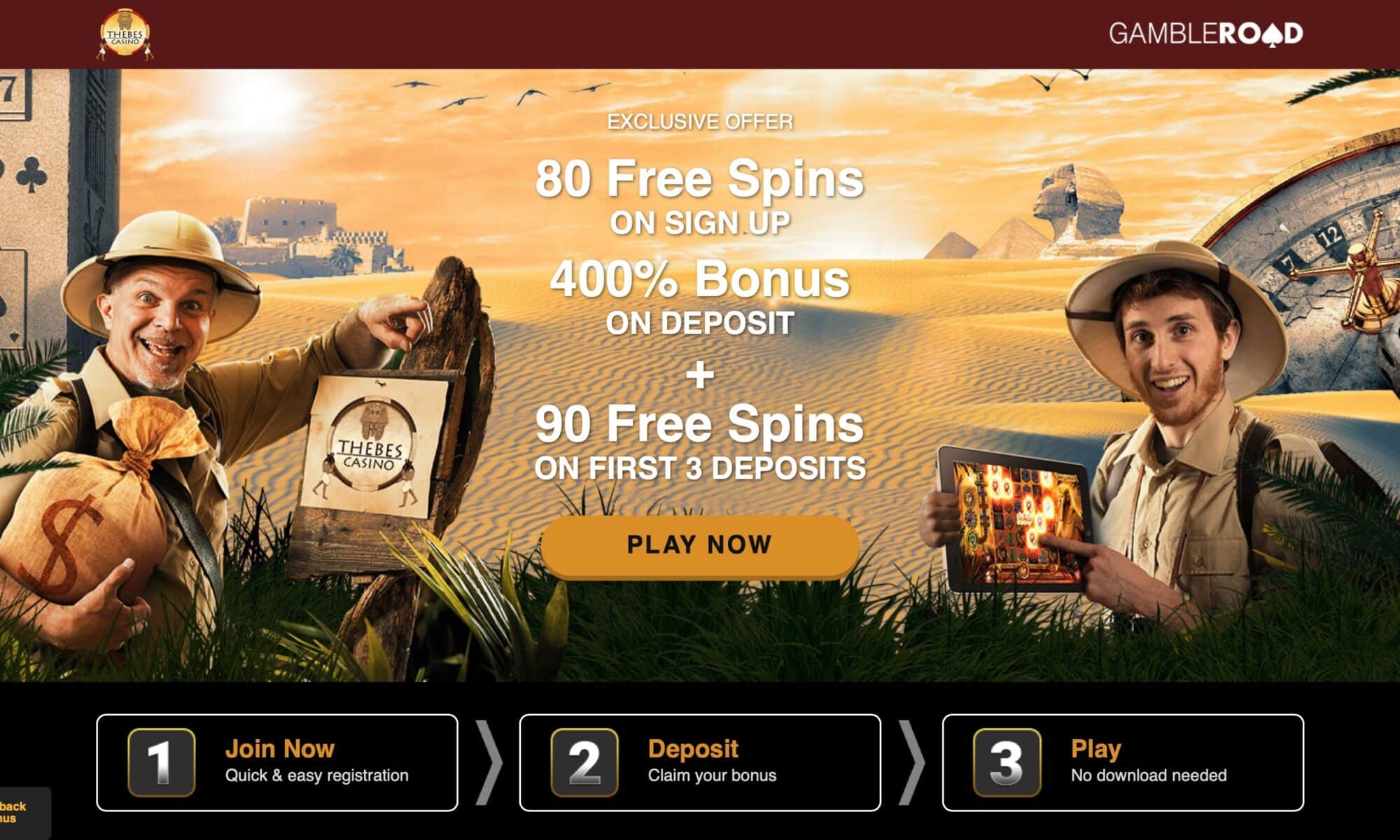Thebes Casino: get 80 free spins + 400% deposit bonus