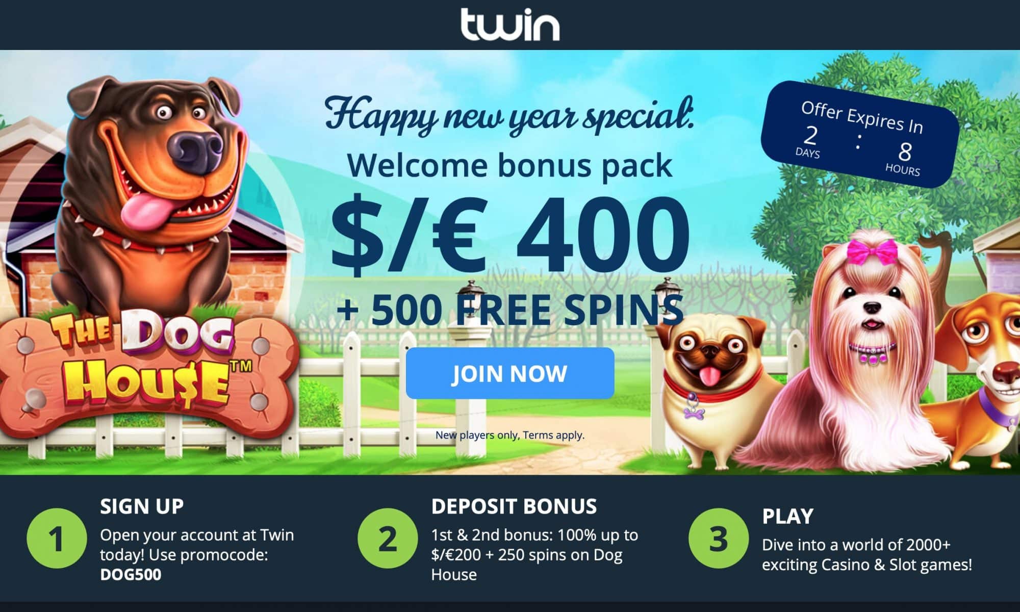 Twin Casino : get 200% match + 500 free spins on 2 deposits