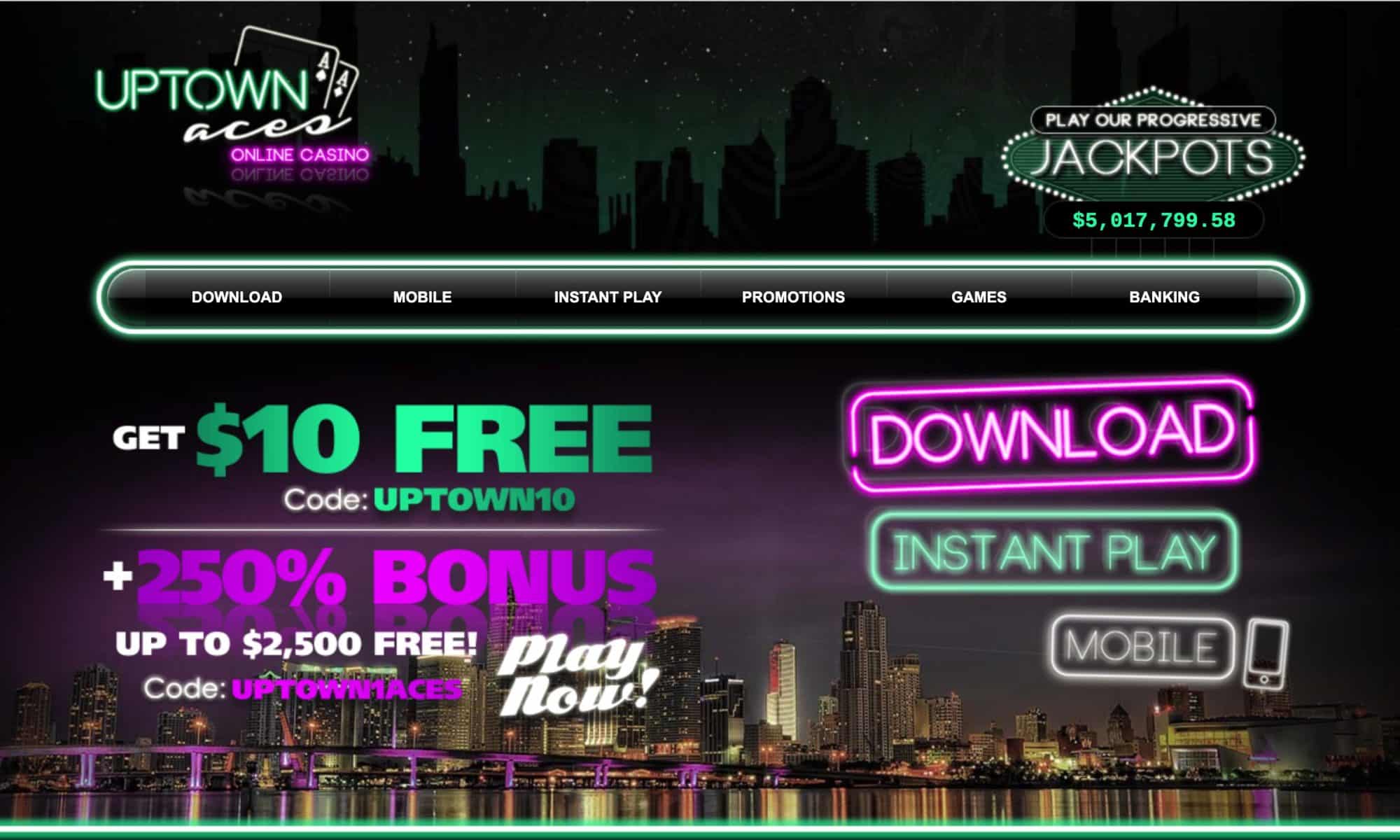 Uptown Aces Casino - 250% bonus + $10 free!